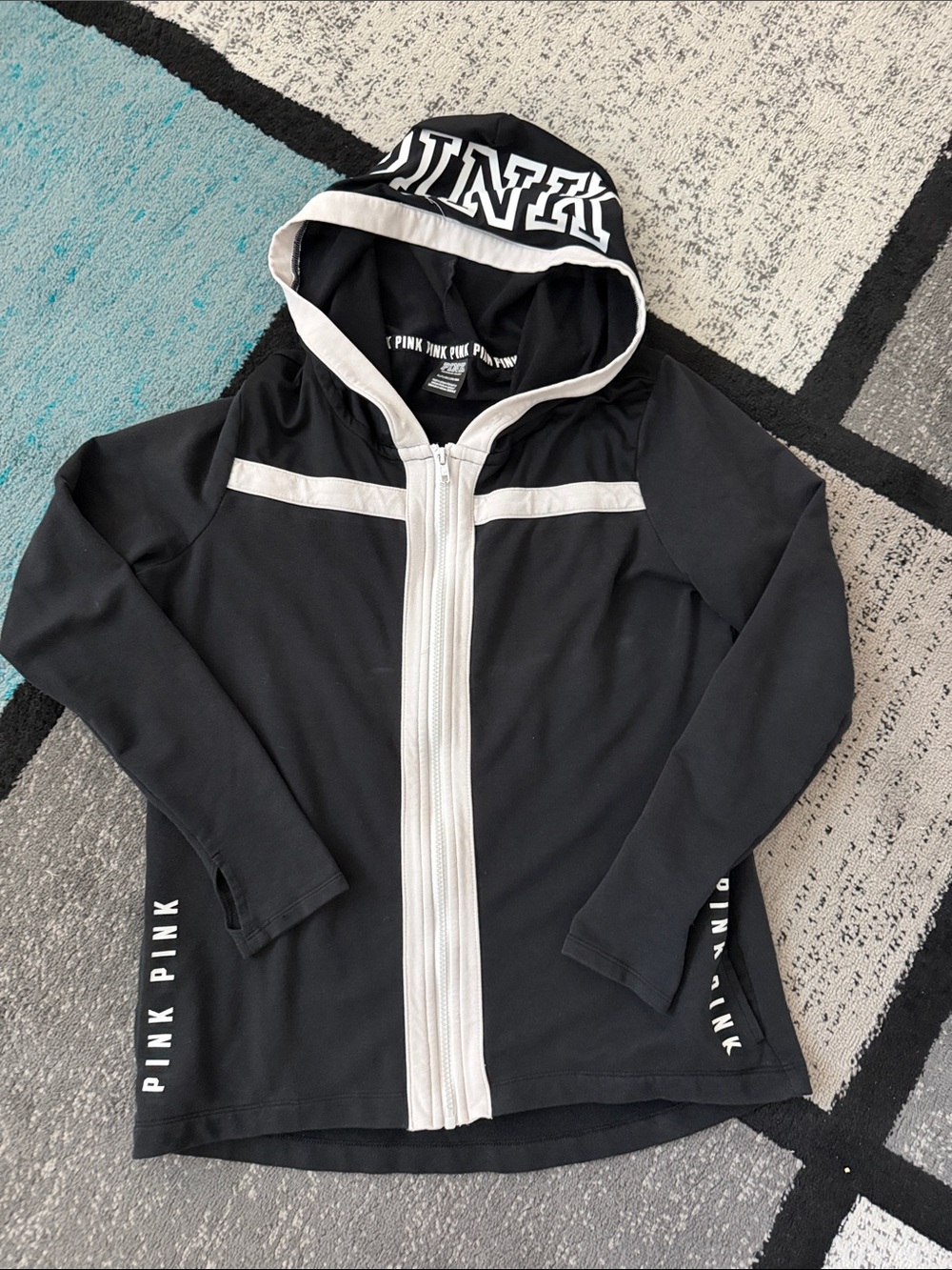 PINK Victoria's Secret Black Zip-Up Hoodie with White Trim